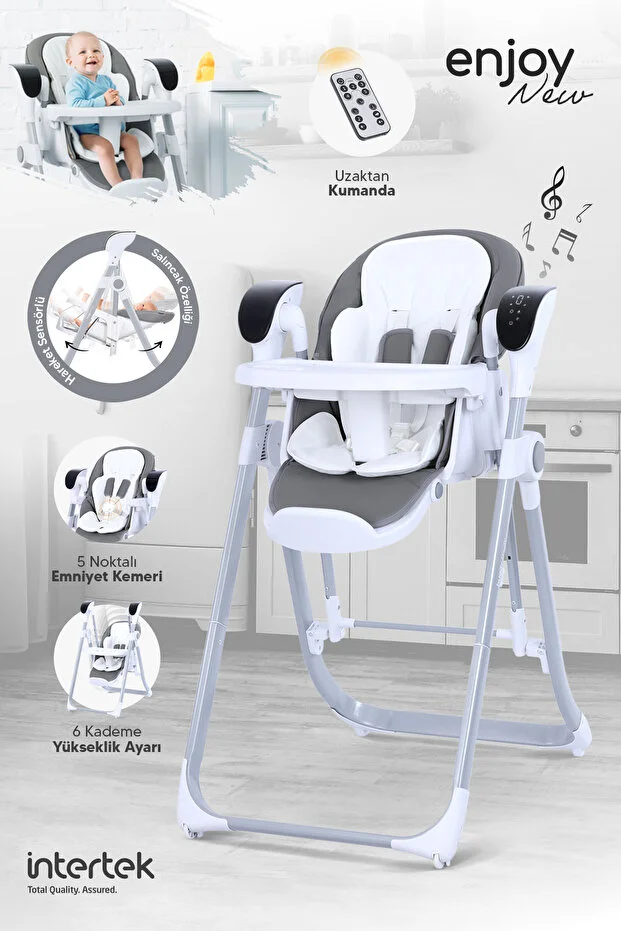 Enjoy Elektrikli 2'si 1 arada Mama Sandalyesi & Bebek Salıncağı | Katlanabilir, Kumandalı Gri